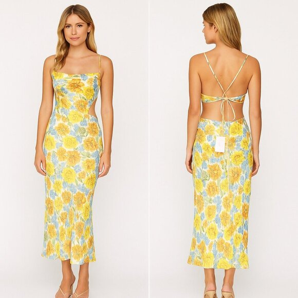 Hello Molly Sunlight Snaps Floral Cutout Midi Dress Yellow/Blue US 8 NWT - Picture 1 of 10